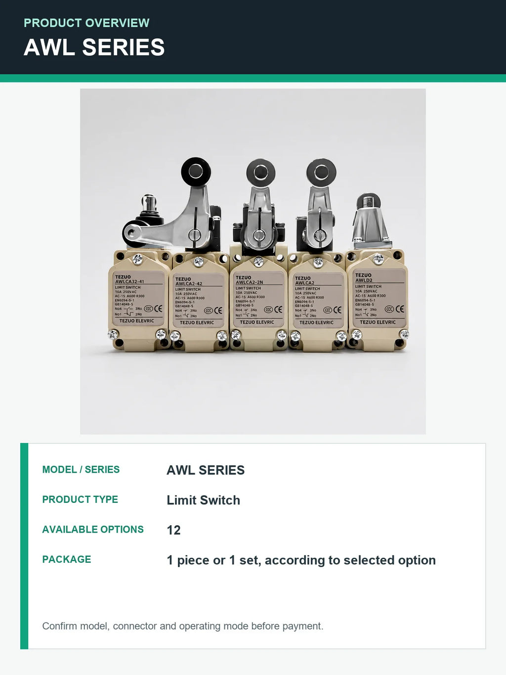 TEZUO AWL Series IP67 Limit Switch, 15 Actuator Models for Industrial Automation