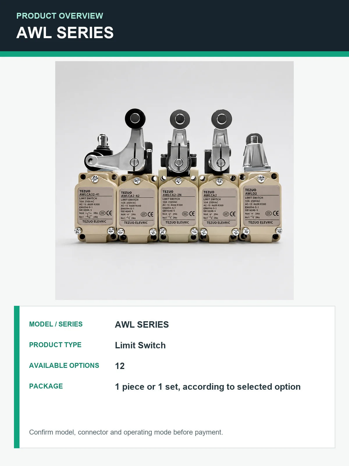 TEZUO AWL Series IP67 Limit Switch, 15 Actuator Models for Industrial Automation