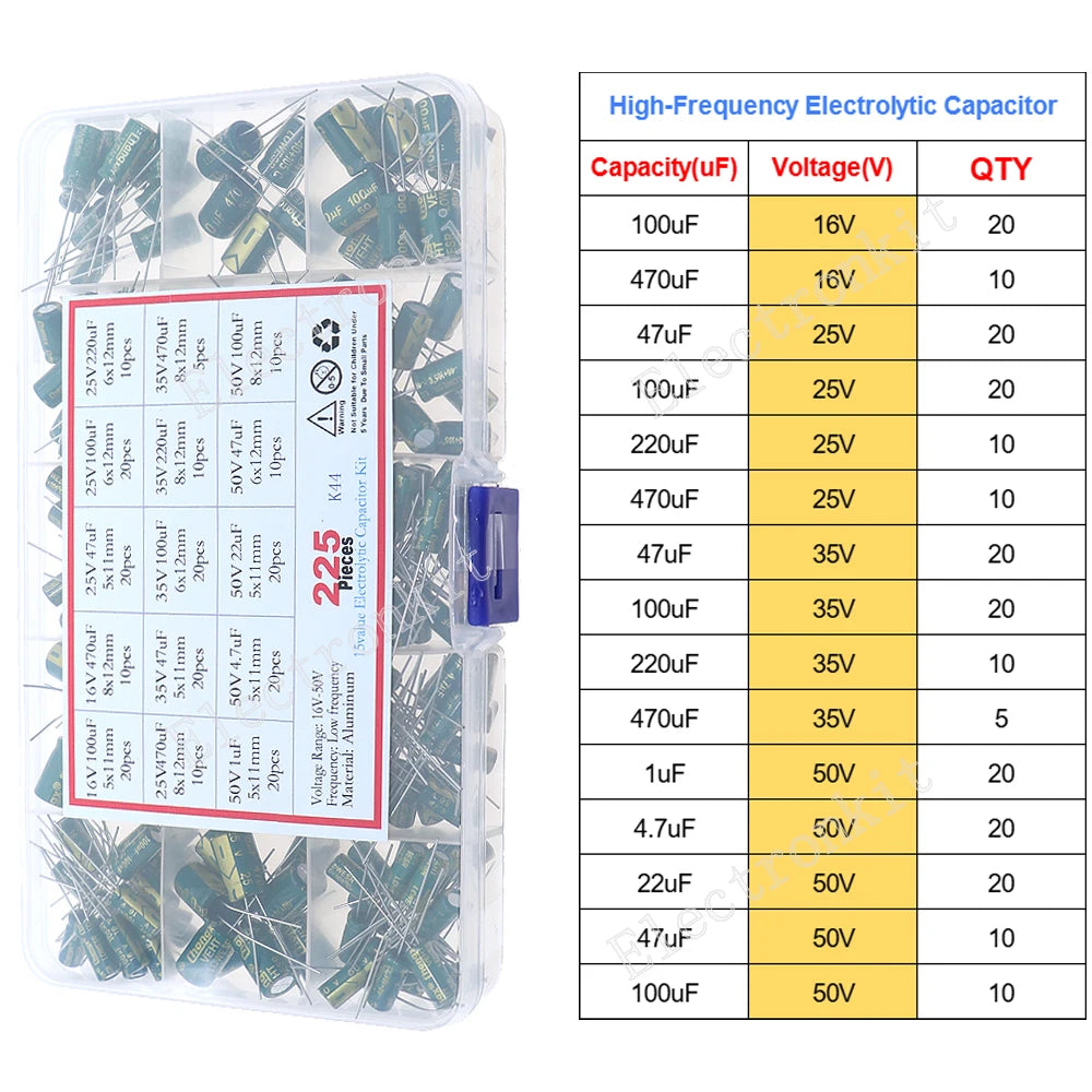 16V 25V 35V 50V 0.1uF to 2200uF DIP SMD Aluminum Electrolytic Capacitors Assortment Kit Set