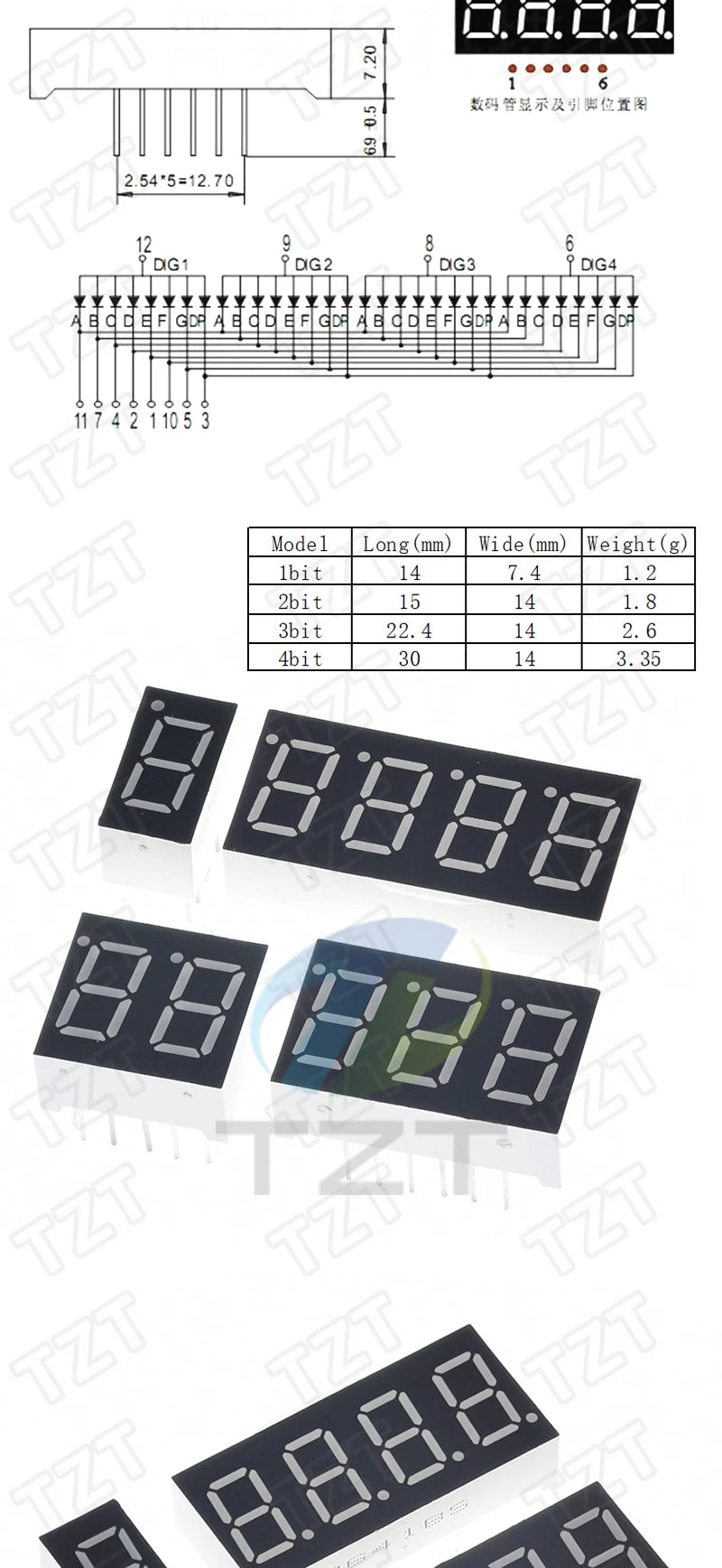 TZT 0.28/0.36/0.4/0.56 inch LED display 7 Segment 1/ 2 / 3 / 4 Bit Digit Tube Red Common Cathode / Anode Digital led 7segment