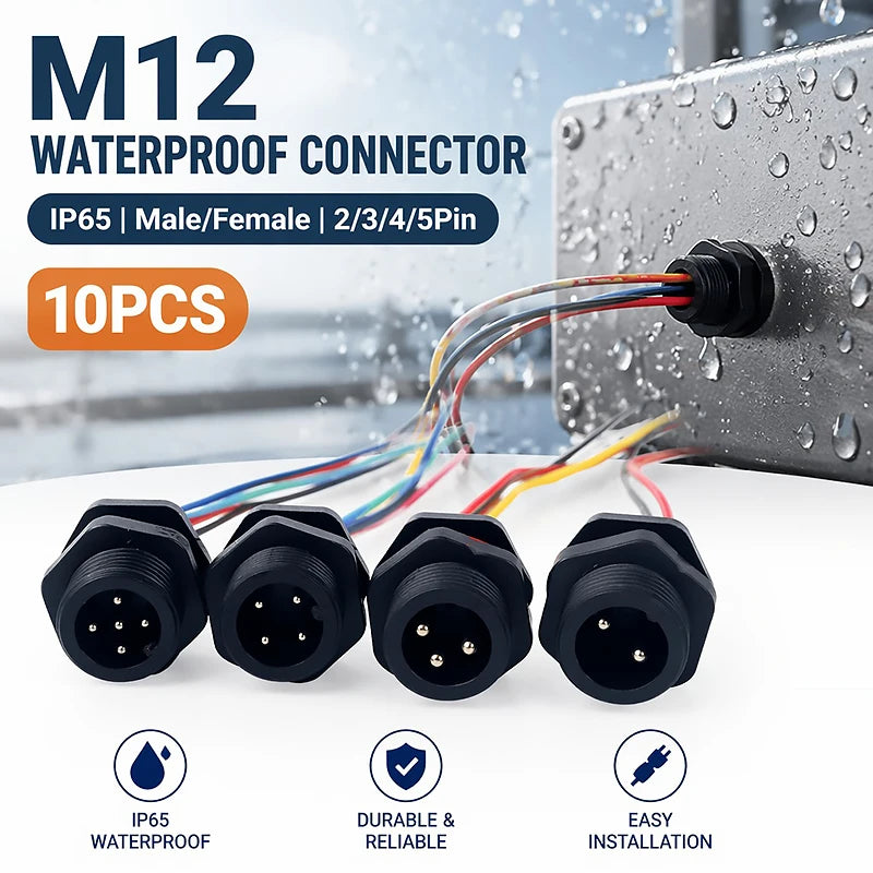 10PCS M12 IP65 Waterproof Aviation Connector Pre-wired Male Female Cable Plug 2P 3P 4P 5Pin Panel Mount Electrical Socket