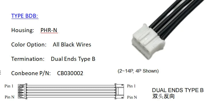 PHR-4 Wire harness, JST PH 2.00mm Pitch OTS Cable, 4P, With High Temperature Rated Wires, Off the Shelf, 10Pieces per BAG