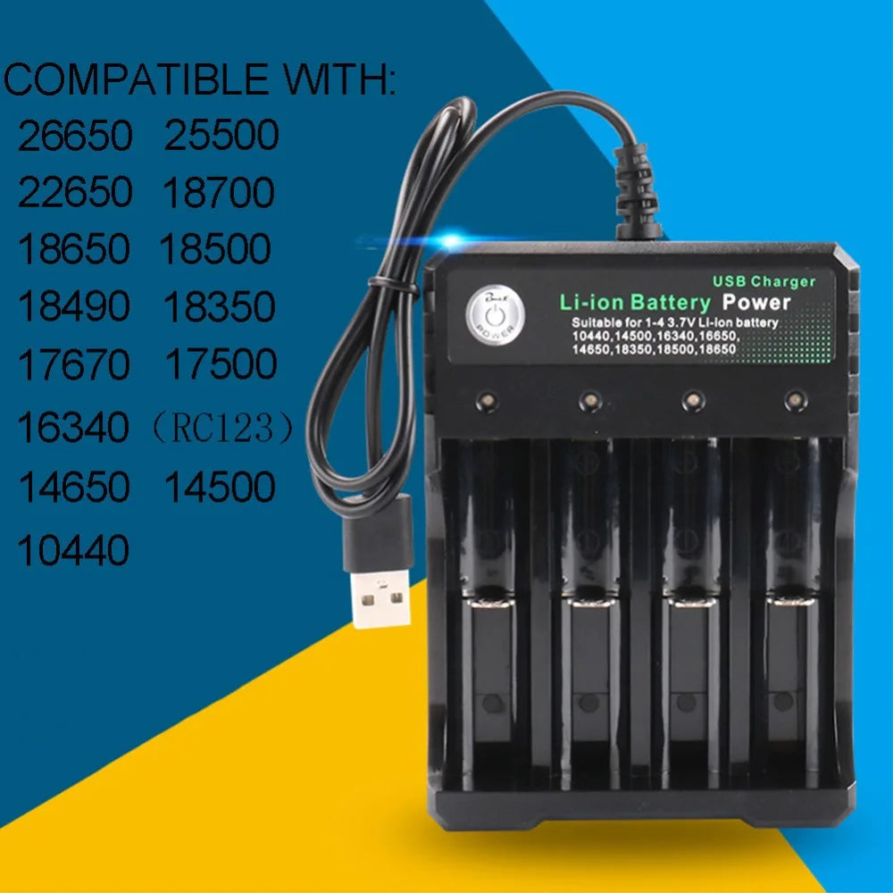 18650 Charger 4 Slots 4.2V Li-ion Battery USB Rechargeable Charging 18650 18500 14500 16650 26650 Lithium Battery Smart Charger