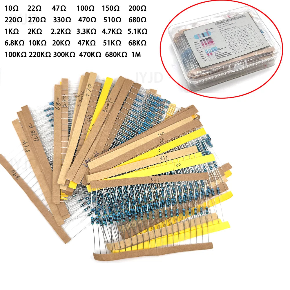 300/600pcs 1/4w Metal Film Resistor 30 Values Resistance Kit 10R-1M 0.25W 1% Resistors Set
