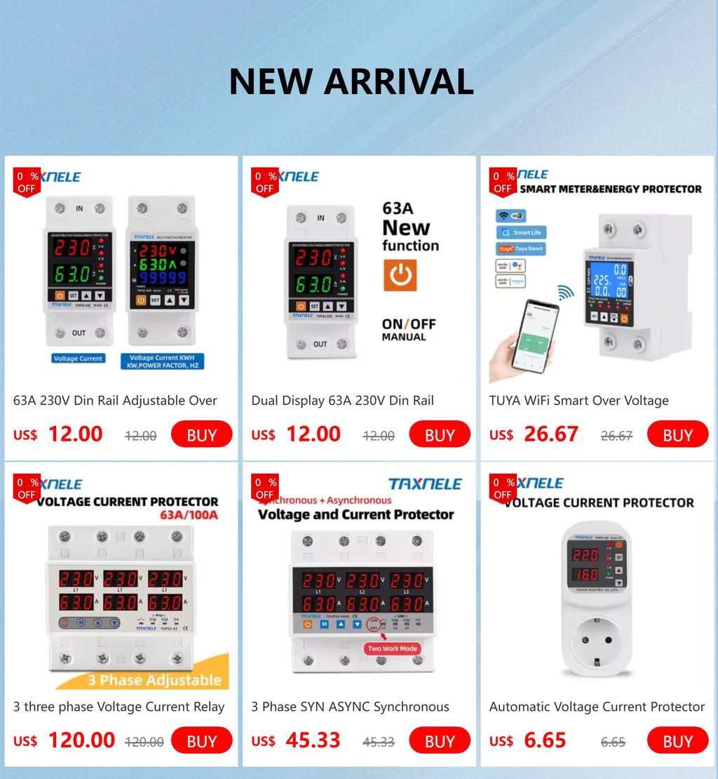 63A 230V Din Rail Adjustable Over Under Voltage Protective Device Protector Relay Over Current Protection Energy KWH Meter
