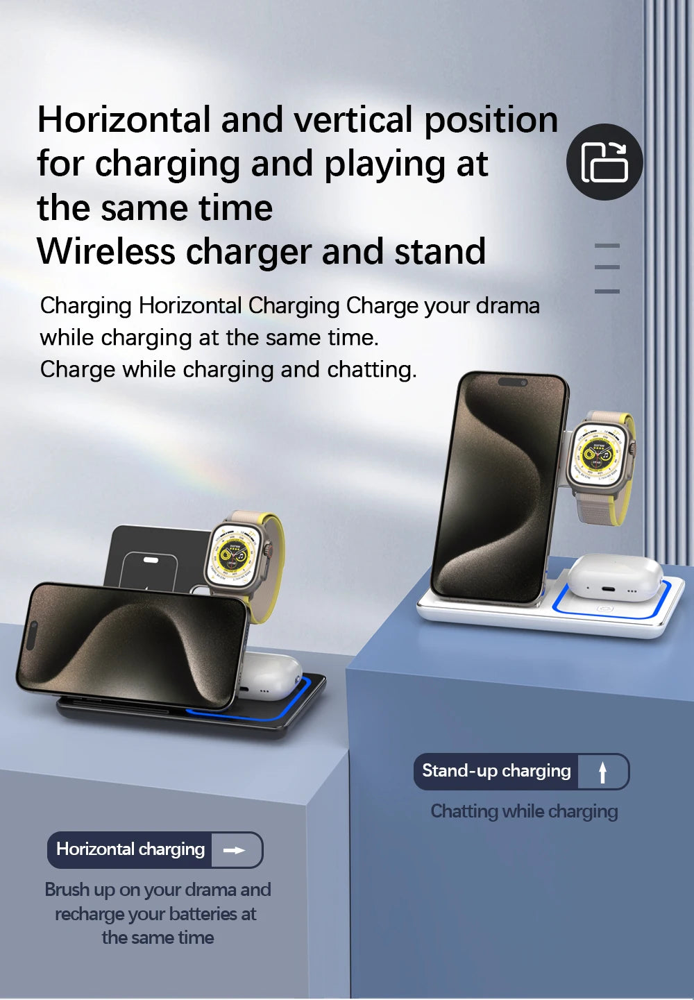 LED Fast Wireless Charger Stand 3 in 1 Foldable Charging Station For iPhone 17 16 15 14 13 12 Apple Watch 9 8 7 6 5 Airpods Pro