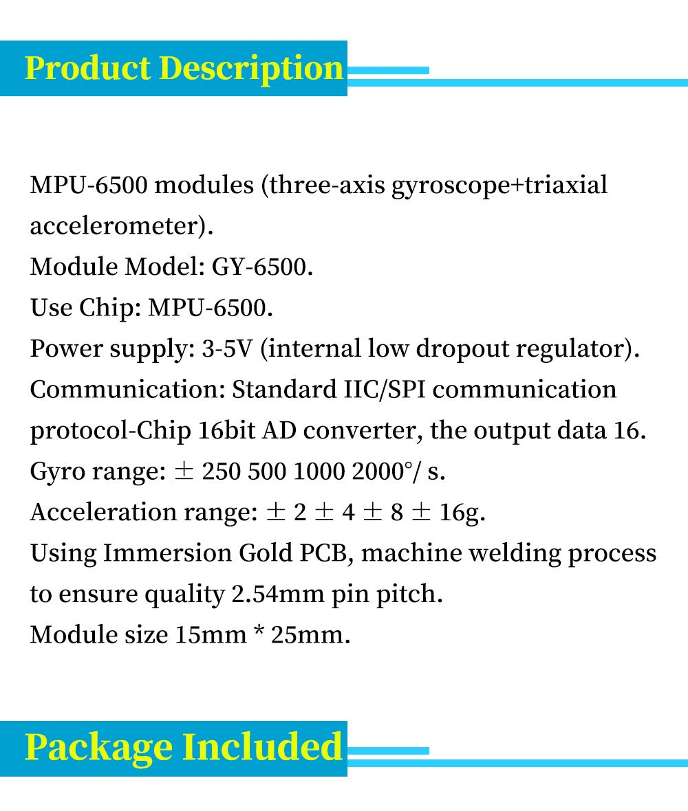 IIC I2C SPI MPU6500 MPU-6500 6-Axis Gyroscope Accelerometer Sensor Module Replace MPU6050 For Arduino With Pins GY-6500
