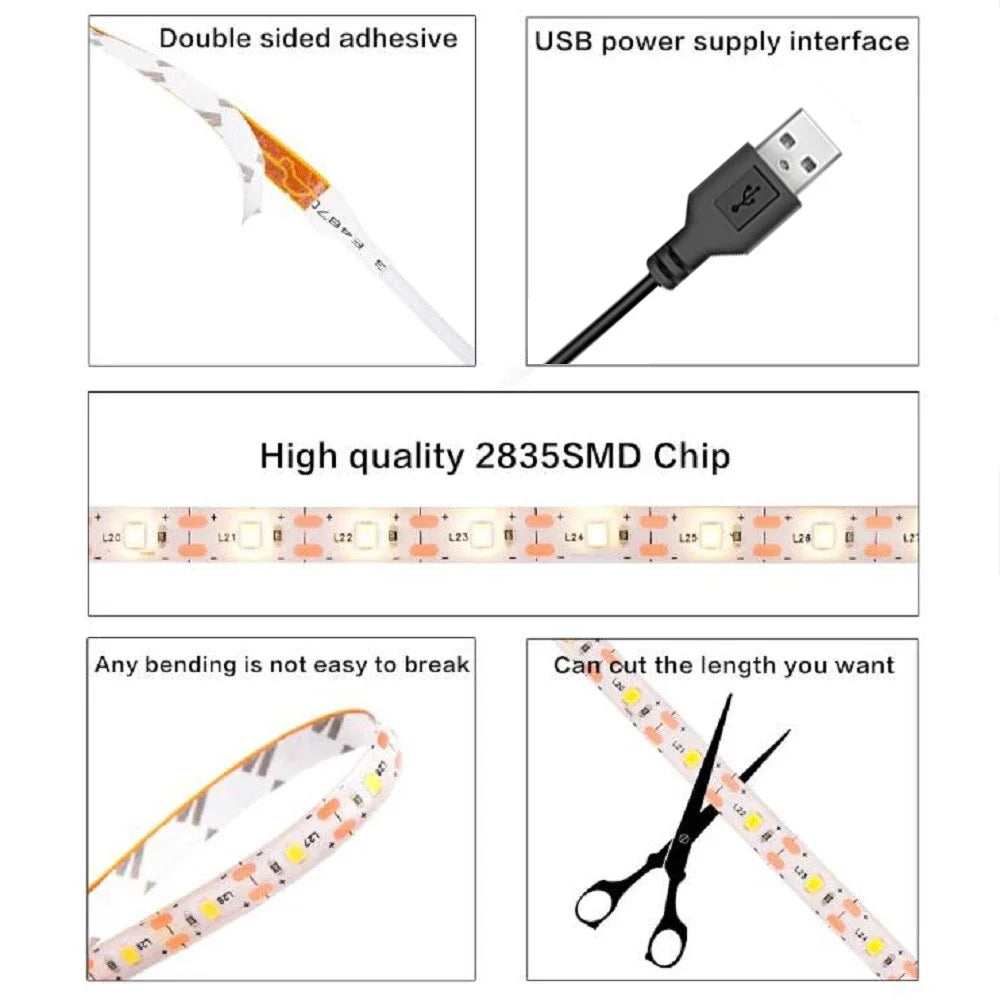 USB 5V LED Light Strips SMD2835 1M 2M 3M 5M White Warm White LED Strip Lights for TV Backlights Home Decor Tape Ribbon Lighting