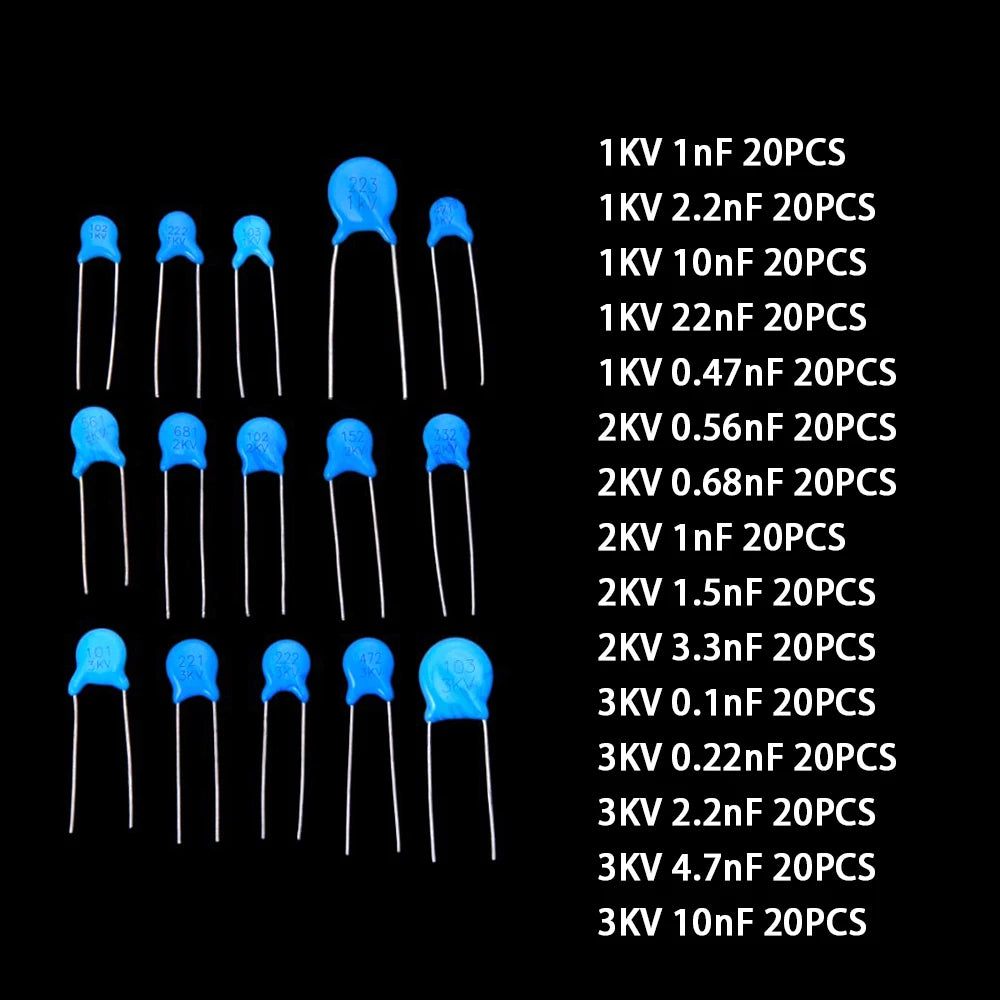 300PCS 0.56NF 2.2NF 15 Values 1NF 2.2NF 10NF 22NF 0.1nF-22nF High Voltage Ceramic Disc Capacitors 0.47NF 1KV 2KV 3KV