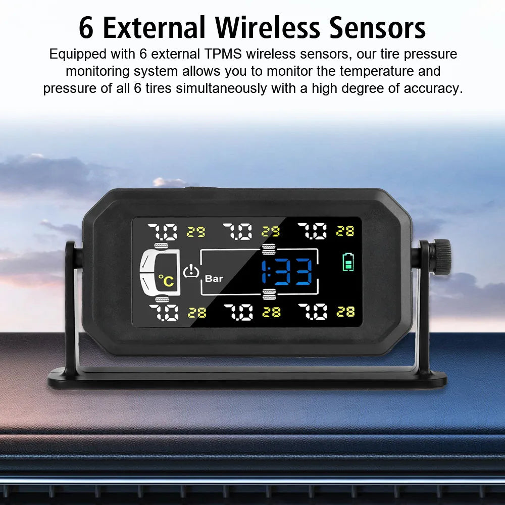 H13 Truck Car Tyre Pressure Monitor 6 External Sensors Tire Pressure Monitoring System Intelligent Temperature Warning Fuel Save