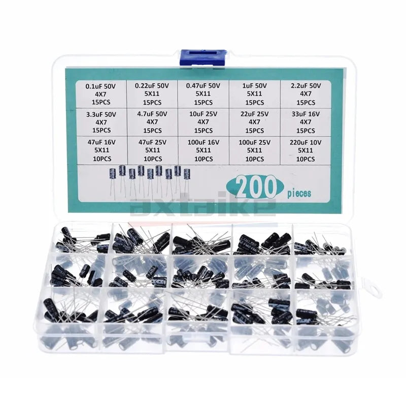 120/200/500Pcs 16V 25V 50V 0.1uF - 1000uF Aluminum Electrolytic Capacitor Assorted Kit Box 1uF 4.7uF 10uF 47uF 220uF 330uF 470uF