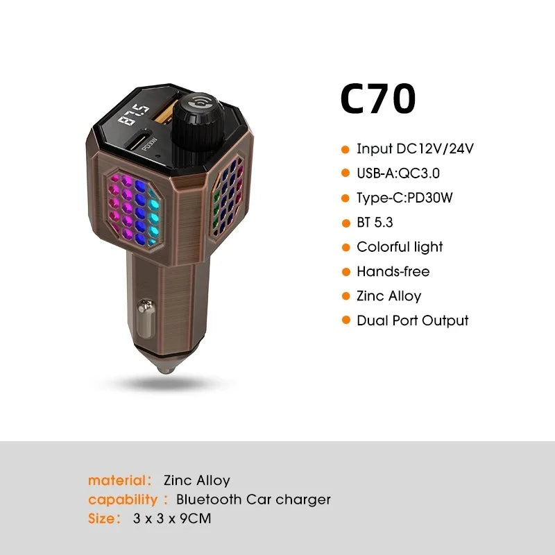 Car Adapter Bluetooth FM Transmitter For Car PD30W&QC3.0 Car Charger Bluetooth Adapter Zinc Alloy Color Light Hands-Free