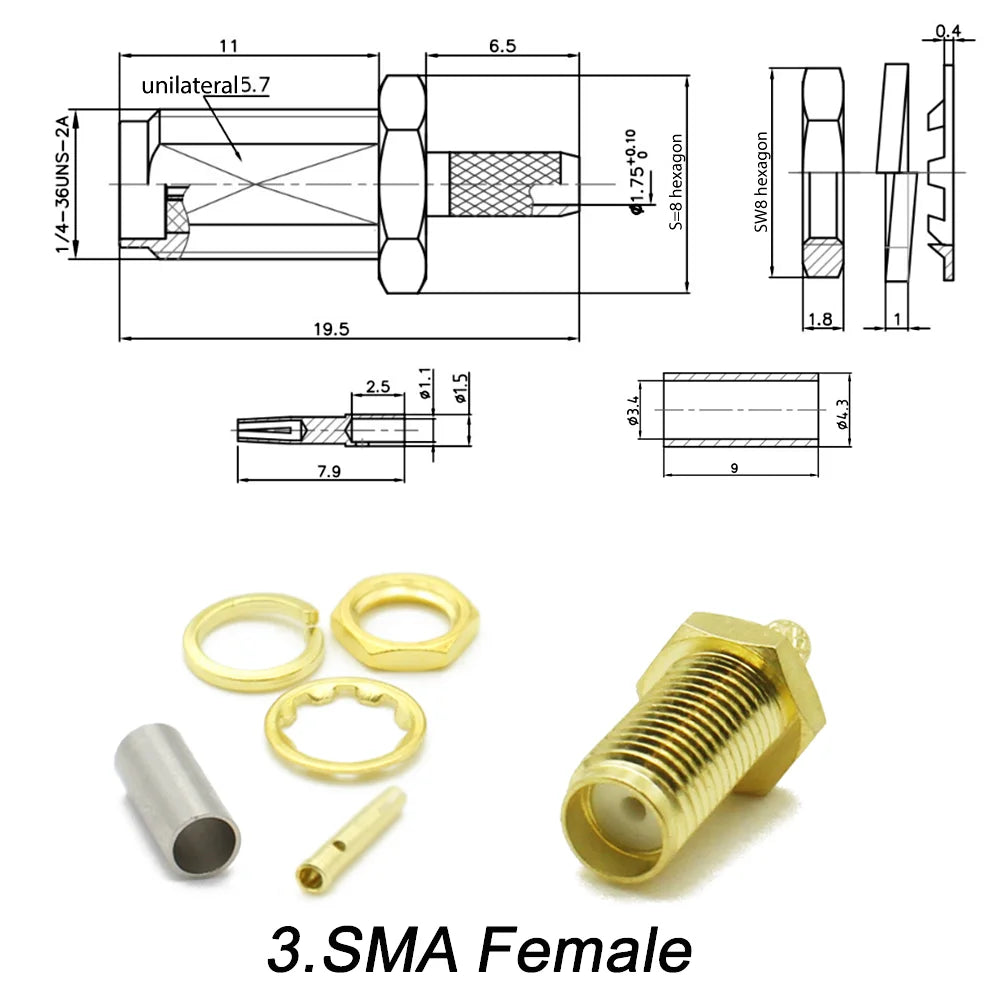 50-1.5 Cable SMA Male Female Straight Connector Gold Plated RP-SMA Crimping Adapter For RG178  RG316 RG174 LMR100 Wholesale