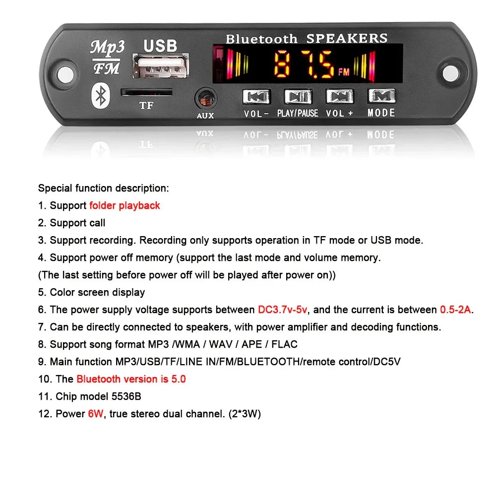 50W Amplifier MP3 Decoder Board DC 6V 18V Bluetooth 5.0 Car MP3 Player USB Recording Module FM AUX Radio For Speaker Handsfree