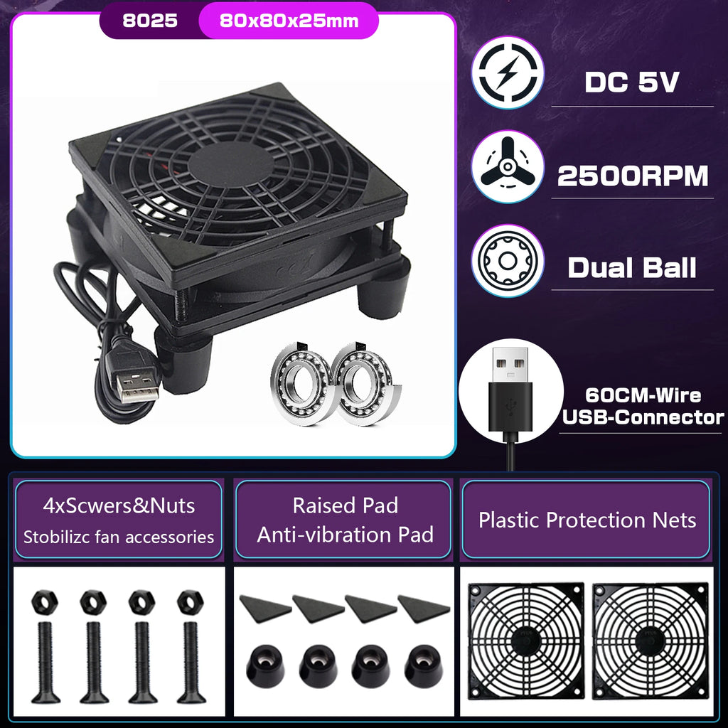 YOUNUON 5V USB Router Fan 80mm/92mm/120mm/140mm/240mm  DIY /TV Box /Desktop Fan  W/Protectiong Net