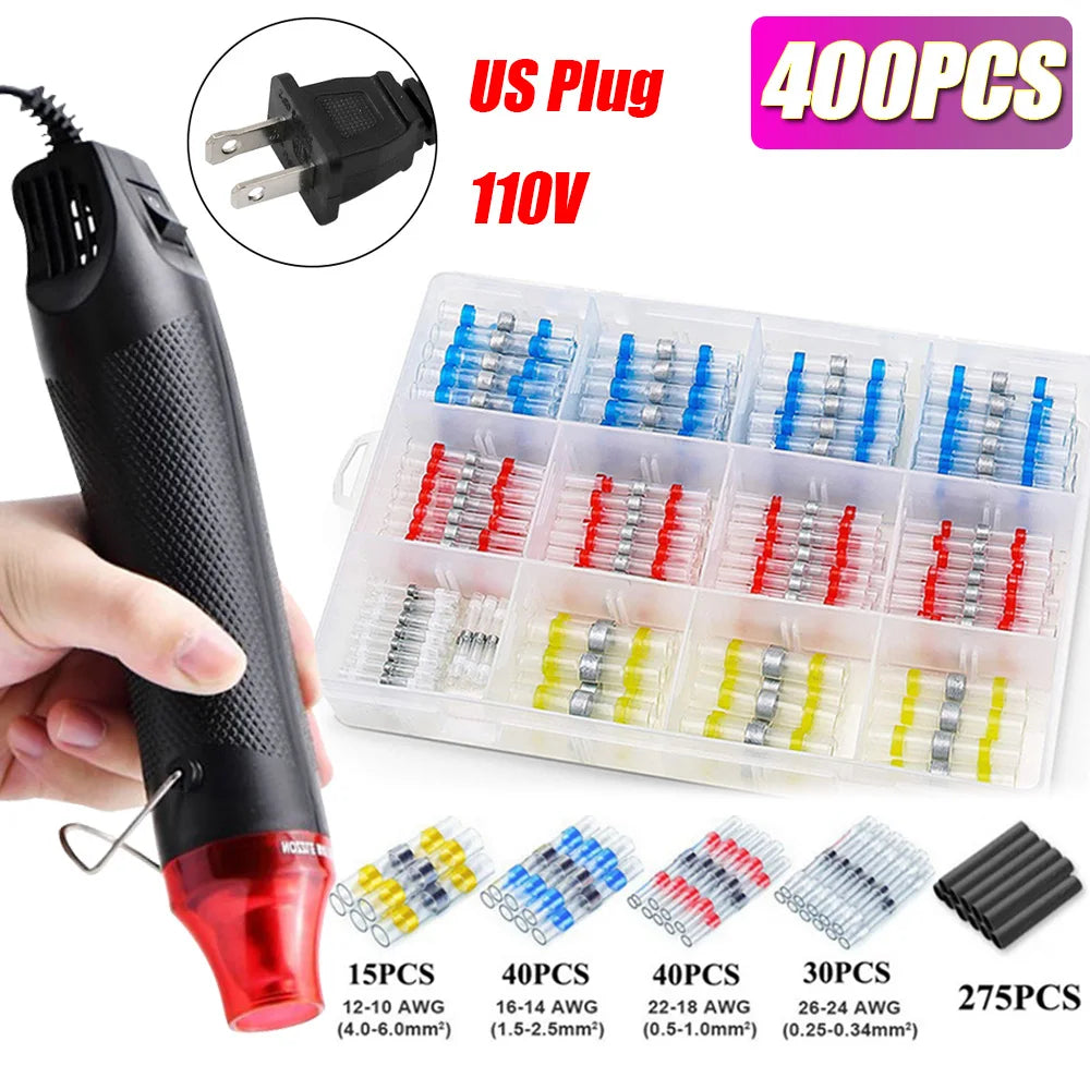800/400/50PCS Heat Shrink Butt Waterproof Solder Seal Wire Cable Splice Terminal Kit Crimp Terminals Electrical with Hot Air Gun