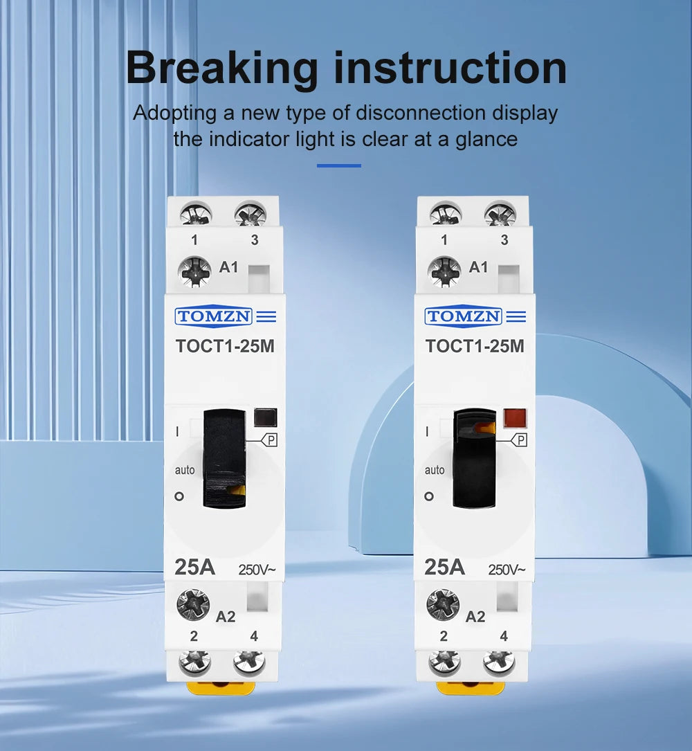 TOMZN TOCT1 2P 25A 220V/230V 50/60Hz Din Rail Household AC Modular Contactor With Manual Control Switch 2NO or 1NO 1NC or 2NC