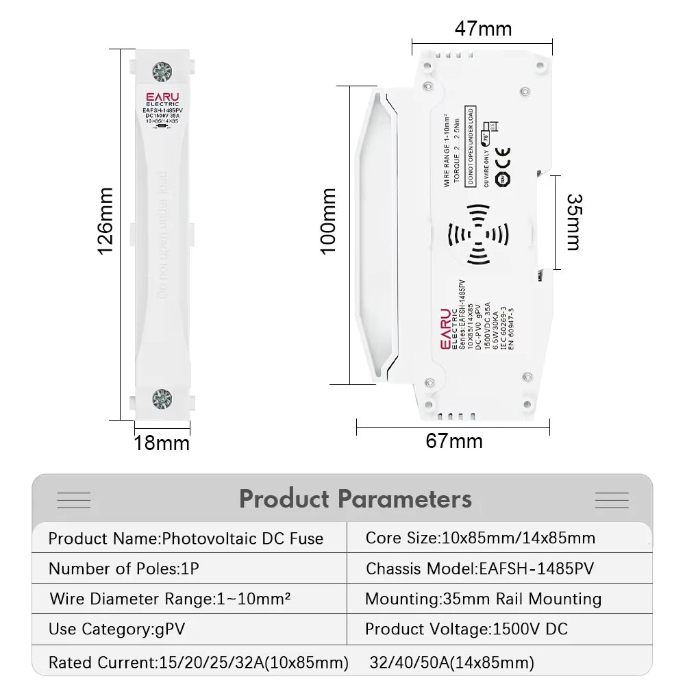 EARU Din Rail Solar Fuses DC 1000V 1500V PV Photovoltaic 20A 25A 30A Fuse Holder Base Solar System Short Circuit Protection GPV