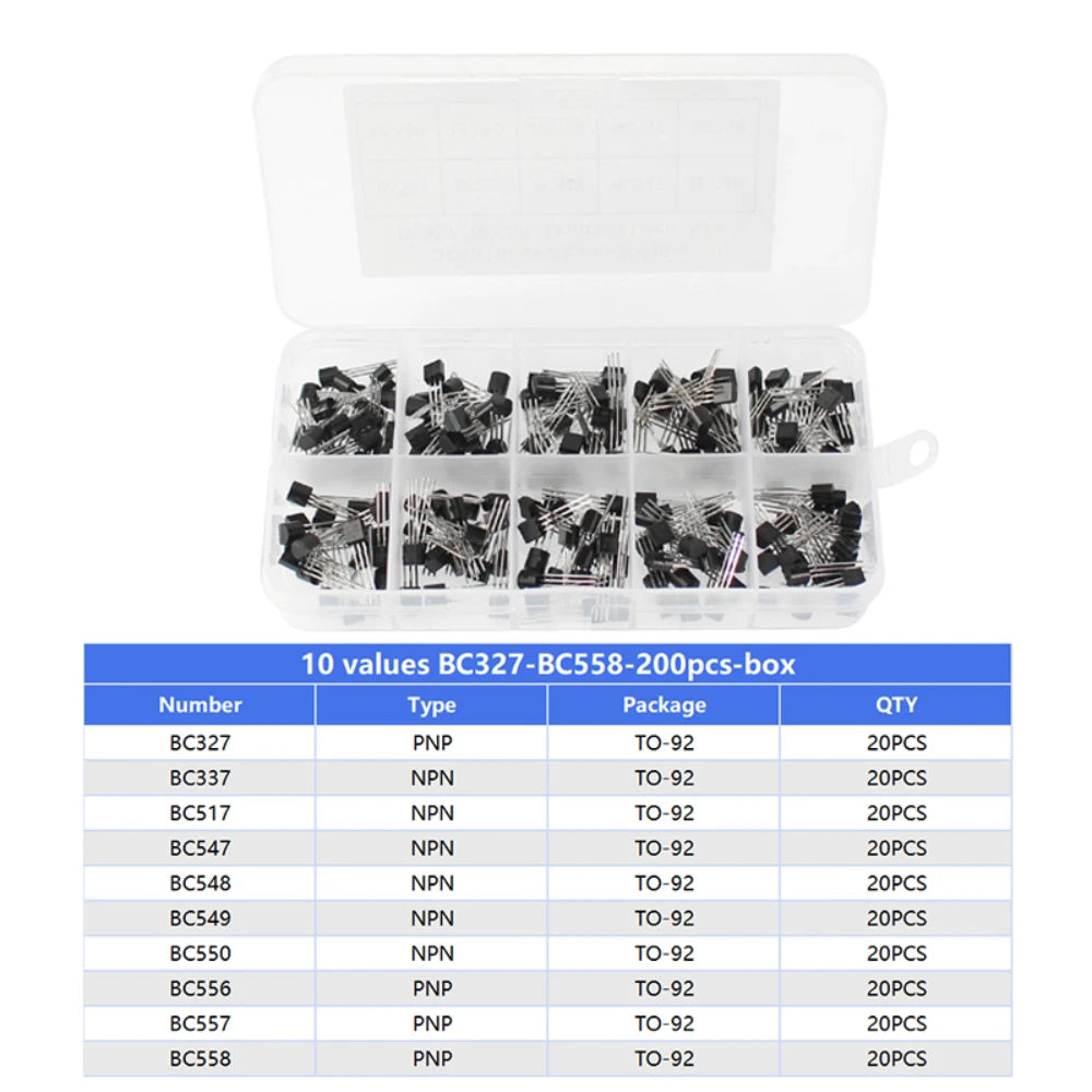 200PCS/Box Transistor Assorted Kit 2N2222 2N3904 2N3906 BC337 BC547 BC557 S8050 S8550 10 values PNP NPN Transistors Triode TO92
