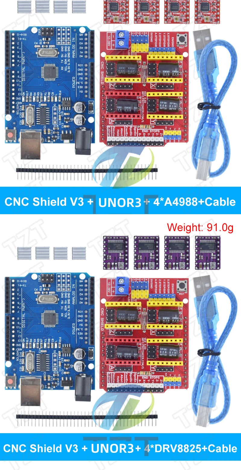 TZT CNC Shield V3 Engraving Machine 3D Printe+ 4pcs DRV8825 Or A4988 driver expansion board For arduino + UNOR3 with USB cable