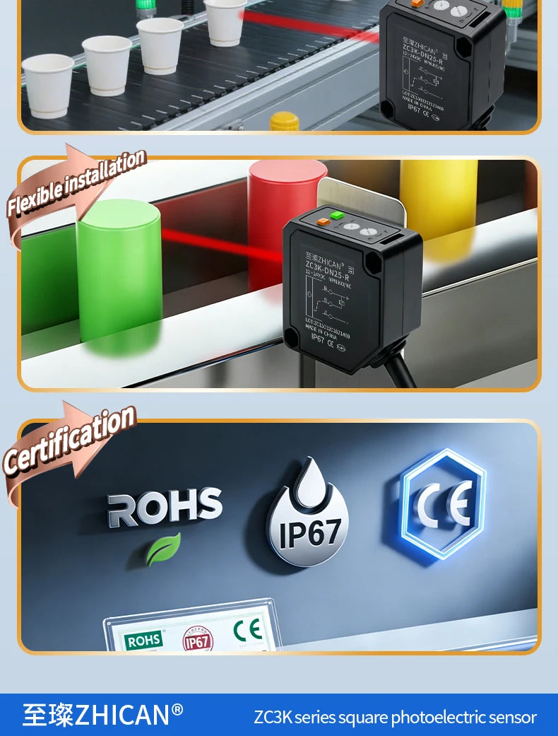 Zhican Zc3K Long Range Photoelectric Sensor 0.1-30m through Beam Retro Reflective Diffuse Reflective Switch