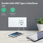 BSEED 1/2/3Gang Touch Light Switch 1Way Simple Sensor Switch Type-c USB Sockets EU Standard Glass Panel Blue Backlight 10A White
