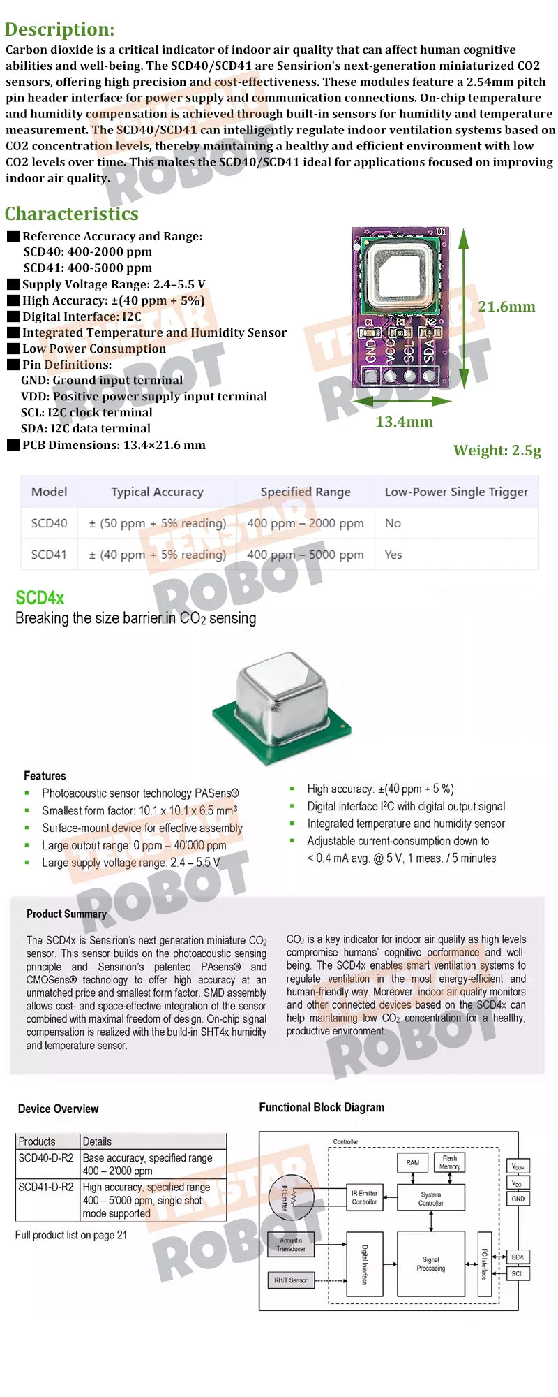 TENSTAR SCD40 SCD41 Gas Sensor Module 2.4-5.5V Detects CO2 Carbon Dioxide Temperature and Humidity Sensor I2C Communication