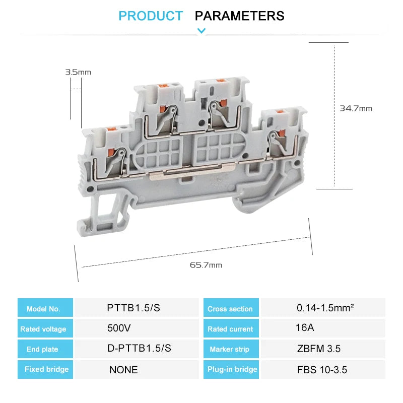 10Pcs PTTB 1.5/S Double Level Push-in Din Rail Terminal Block PT 1.5mm² Cable Electrical Wire Connector PTTB1.5 PTTB-1.5