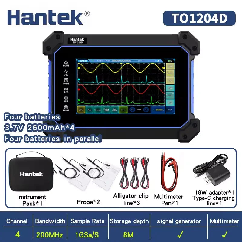Hantek TO1254D TO1154D 4 Channels Touch Screen Digital Oscilloscope Portable USB Oscilloscopes + Signal Source+Multimeter Tester