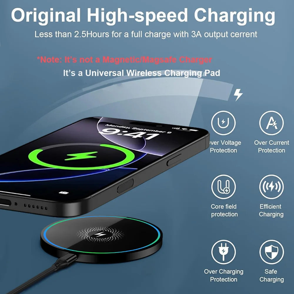 15W Wireless Charger Pad, Mirror‑Surface Design, Fast Induction Charging.Compatible with iPhone, Samsung and Apple Earphones.