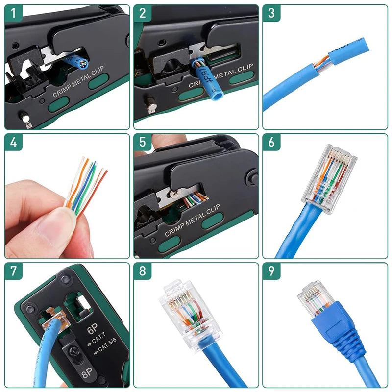 New Rj45 Rj12 Rj11 Pass Through Crimp Plier Cat7 Cat6 Cat6A Cat5 Cat5e Stripping Crimping Tool with 8P/6P Ethernet Connectors