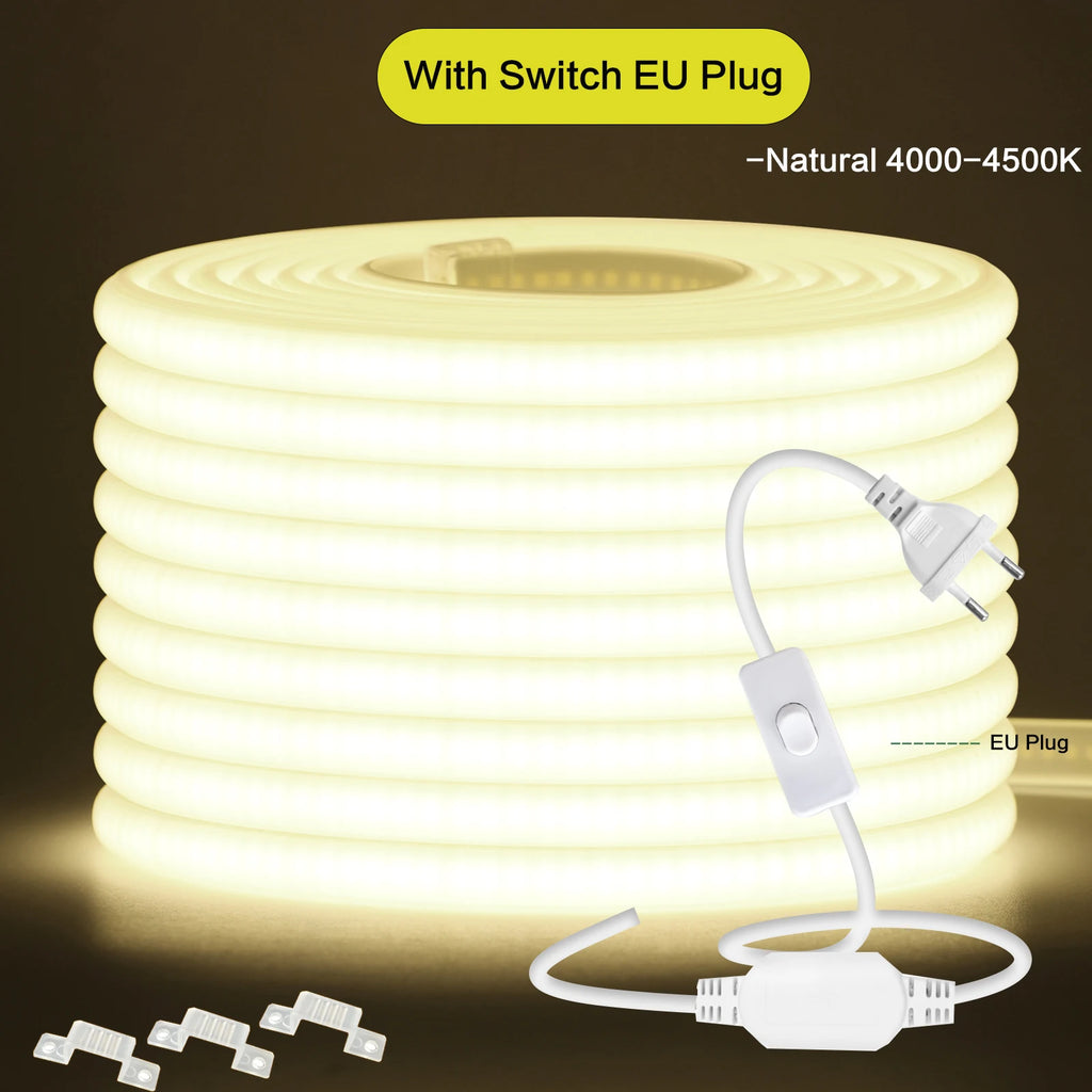 220V COB LED Strip Light With Switch/Dimmer Plug Super Bright 288LEDs/M IP65 3000K 4000K 6000K High Quality Indoor Outdoor Decor