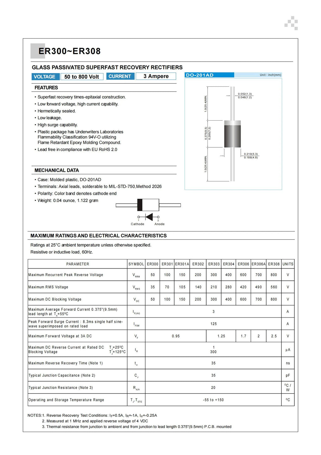 20PCS ER302 ER304 ER306 ER307 ER308 DO-201AD 3A 200V 400V 600V 800V 1000V 1KV DIP Superfast Recovery Rectifiers Diode