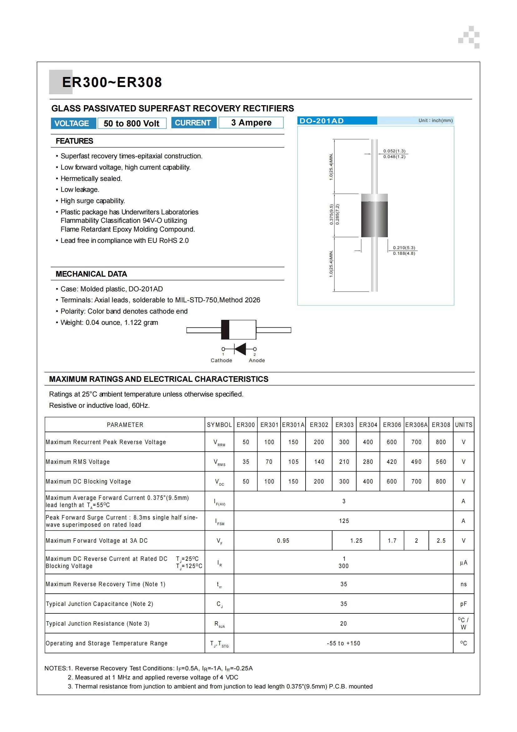20PCS ER302 ER304 ER306 ER307 ER308 DO-201AD 3A 200V 400V 600V 800V 1000V 1KV DIP Superfast Recovery Rectifiers Diode