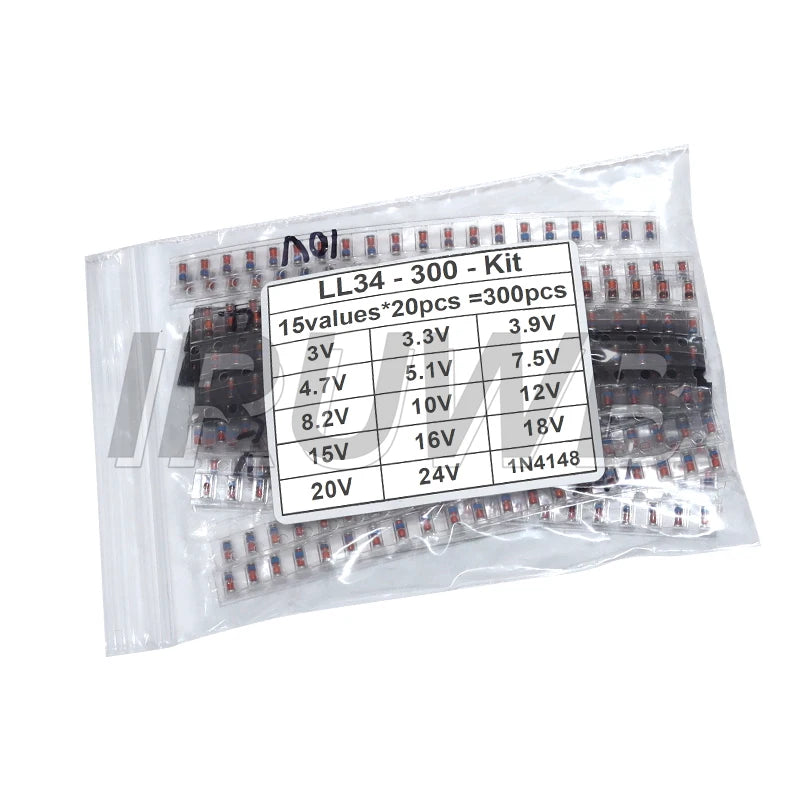 300PCS SMD Diode Set 1N4148 0.5W 1/2W 3V-24V 2V-39V SMD LL34 Zener Diode Kit