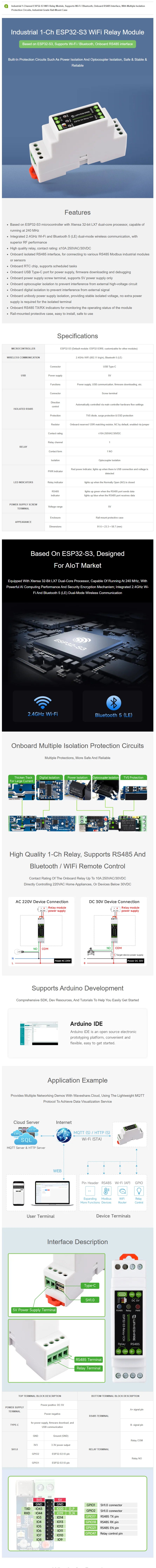 Waveshare Industrial 1-Channel ESP32-S3 WiFi Relay Module, Supports WiFi / Bluetooth / RS485 Control, With Multiple Isolation