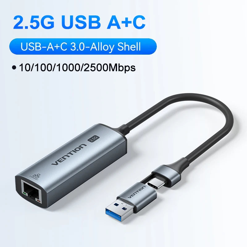 Vention USB A C 2.5G Ethernet Adapter USB 3.0 2500/1000 Mbps Network Card for MacBook iPad USB Lan RJ45 for PC Windows Laptop