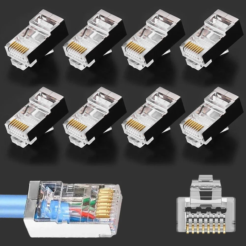 1-50Pcs Pass Through RJ45 Cat7/Cat6/Cat5 Shielded Connectors Crystal End Gold-Plated 8P8C Crimp UTP Ethernet Modular Plug