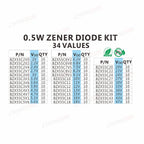 34 Values 0.5W Zener Diode Assorted Kit 2V 3V 3.3V 3.6V 5.1V 5.6V 7.5V 10V 12V 13V 15V 16V 18V 20V 22V 24V 30V 36V 39V 43V 47V