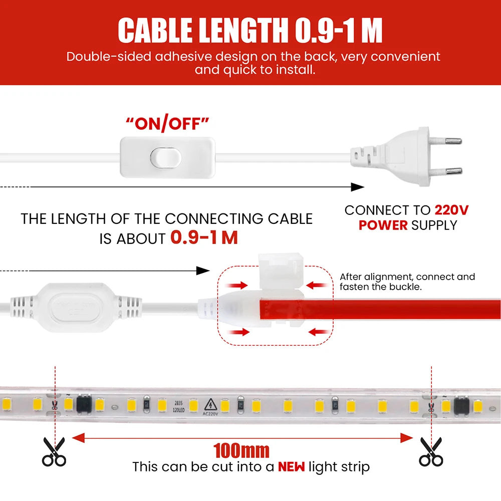 Dimmable LED Strip Light 220V Switch EU Power Dimmer Kit Waterproof 2835 120LEDs/M High Bright Flex Tape Home Decor 0.5M 10M 20M