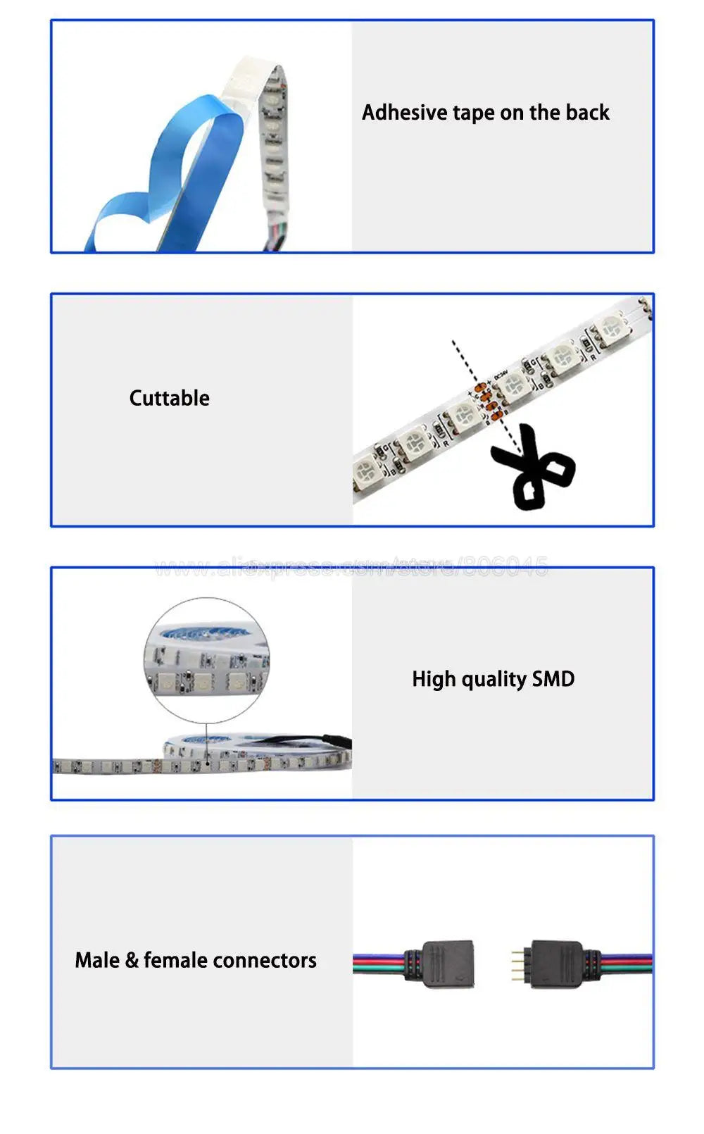 5m 12V 24V DC RGB LED Strip 30LEDs/m 60LEDs/m 96LEDs/m 120LEDs/m SMD 5050 Flexible LED Light Tape 8mm 10mm PCB for Decoration