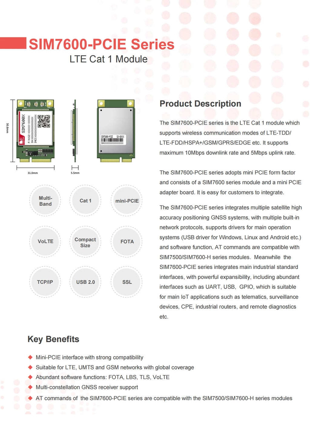 SIMCOM SIM7600G SIM7600E SIM7600SA SIM7600E-L1C 4G LTE Module MINIPCIE