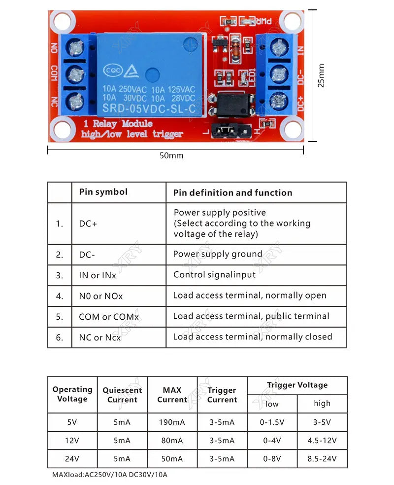 XRY DC 5V 12V 24V 1Channel Relay Module Board Shield with Optocoupler / High and Low Level Trigger for arduino Raspberry Pi