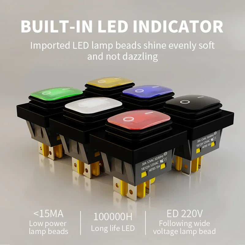 30A/250V Heavy Duty 4 Pin DPST IP67 Sealed Waterproof T85 Auto Boat Marine Toggle Rocker Switch with LED 12V 220V 30x22