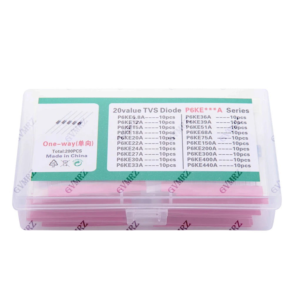 200pcs 20values*10pcs TVS transistor Kit P6KE6.8A/A 22/24/27/30/33/36/39/51/68/75A/A TVS Diode 12/15/18/20A
