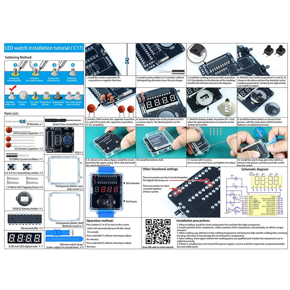 DIY Electronic Watch Kit 0.28'' LED Digital Tube Creative Watch Soldering Kit Microcontroller Watch Kit with Silicone Strap&Case