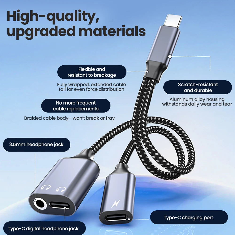 3 in 1 USB C Adapters Type-C to 3.5mm/Type-C Headphones+ Type-C Charging Connector For iPhone 15-17 Xiaomi Huawei Samsung Phones