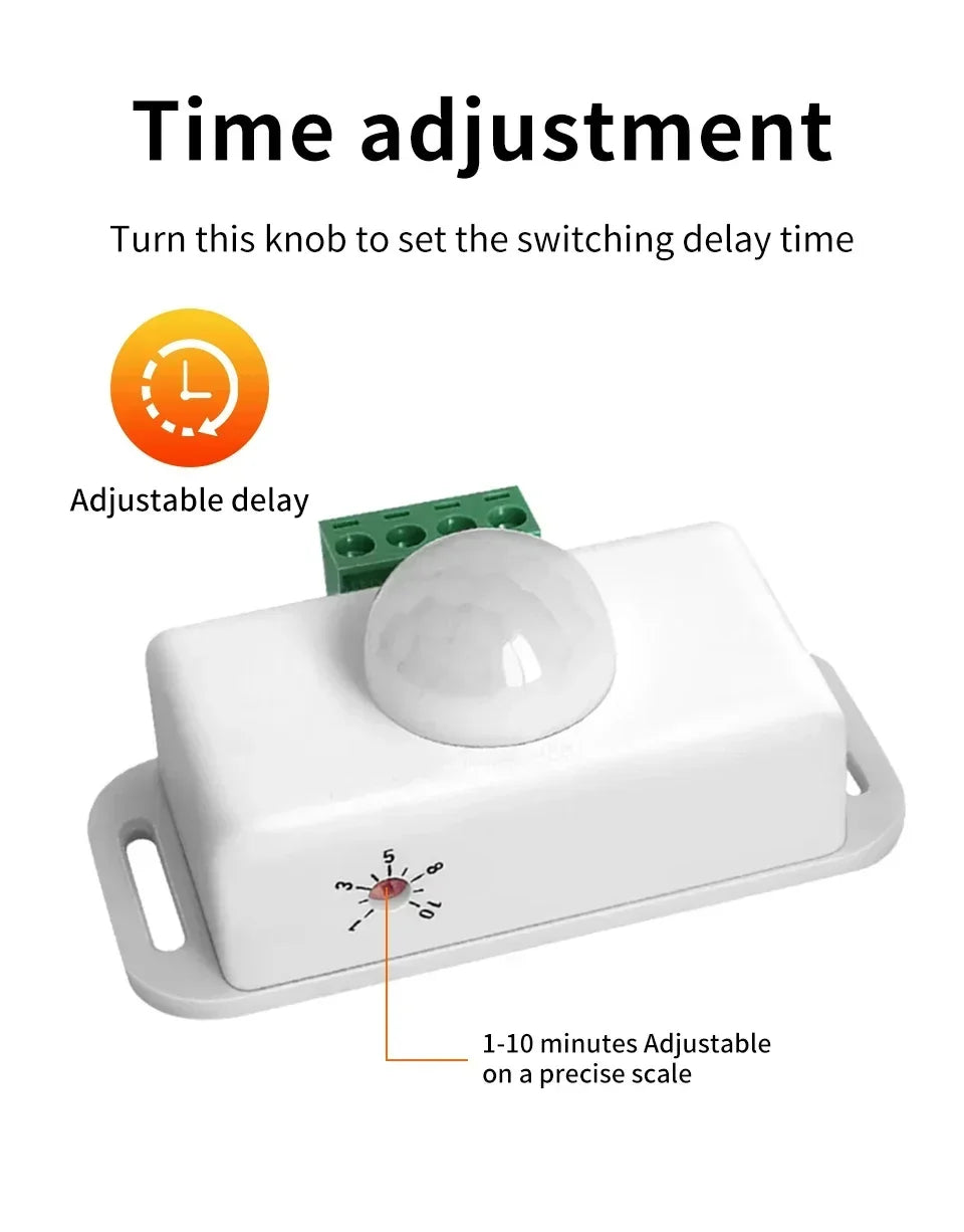 DC 12-24V PIR Motion Sensor Switch - Adjustable Delay Infrared Human Detection Ideal for LED Lights and Wardrobe Strip