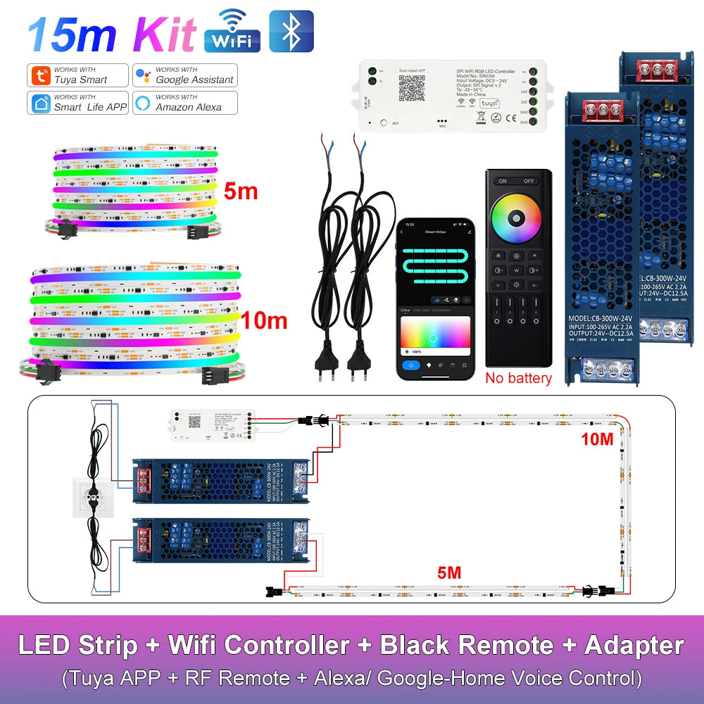 RGB-IC COB LED Strip with Tuya Wifi Controller 2.4G Remote Alexa Google Home Rainbow Color Addressable LED Tape 10m 20m 25m Kit