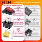 FILN 30A Heavy Duty Waterproof Rocker Switch 4 Pins IP67 12V 24V 110V 220V Ideal for Boat Marine Car Accessories Toggle Switches
